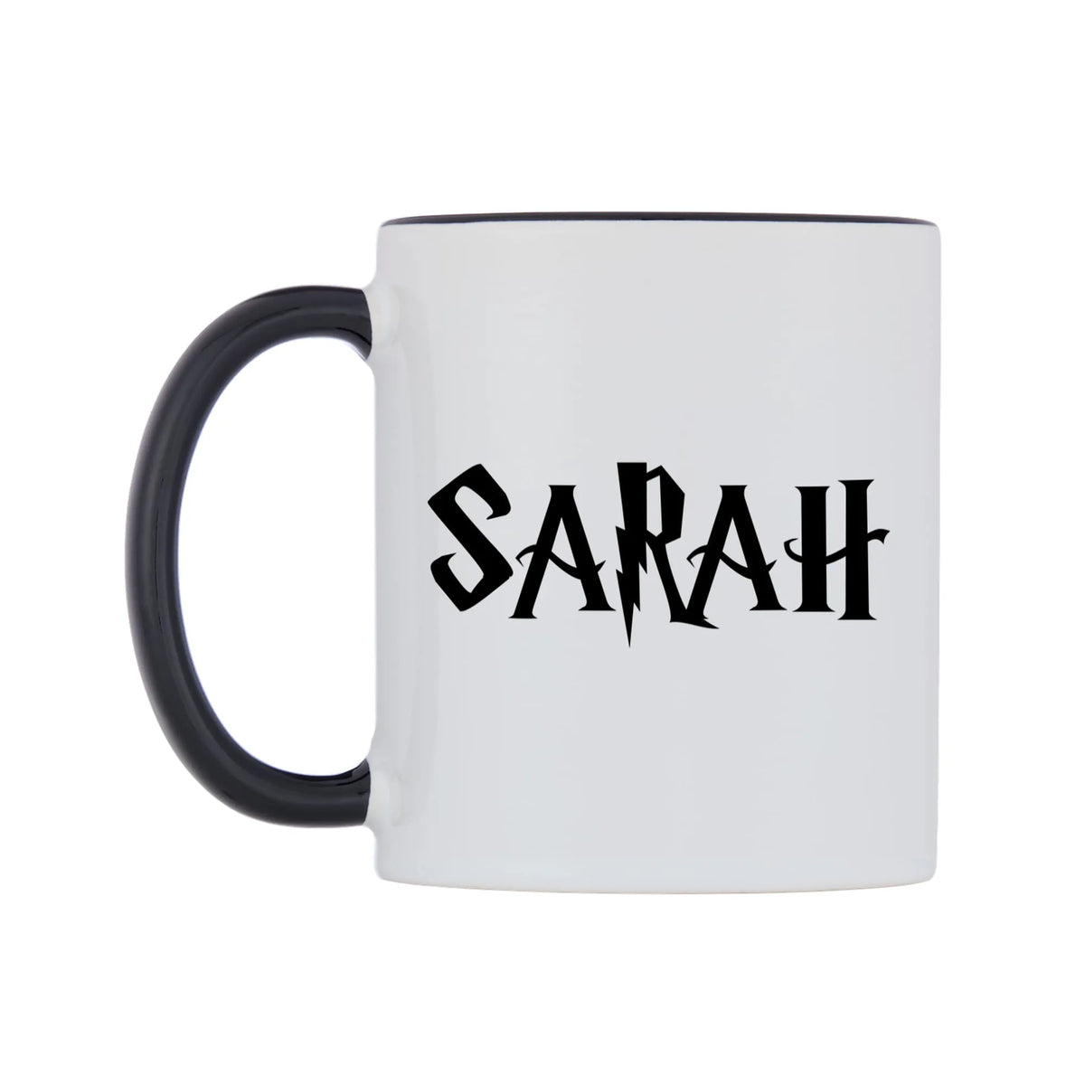 Sarah - Wizard Themed Mug — white 11oz gloss mug with a black inside and handle, right side, on a white background