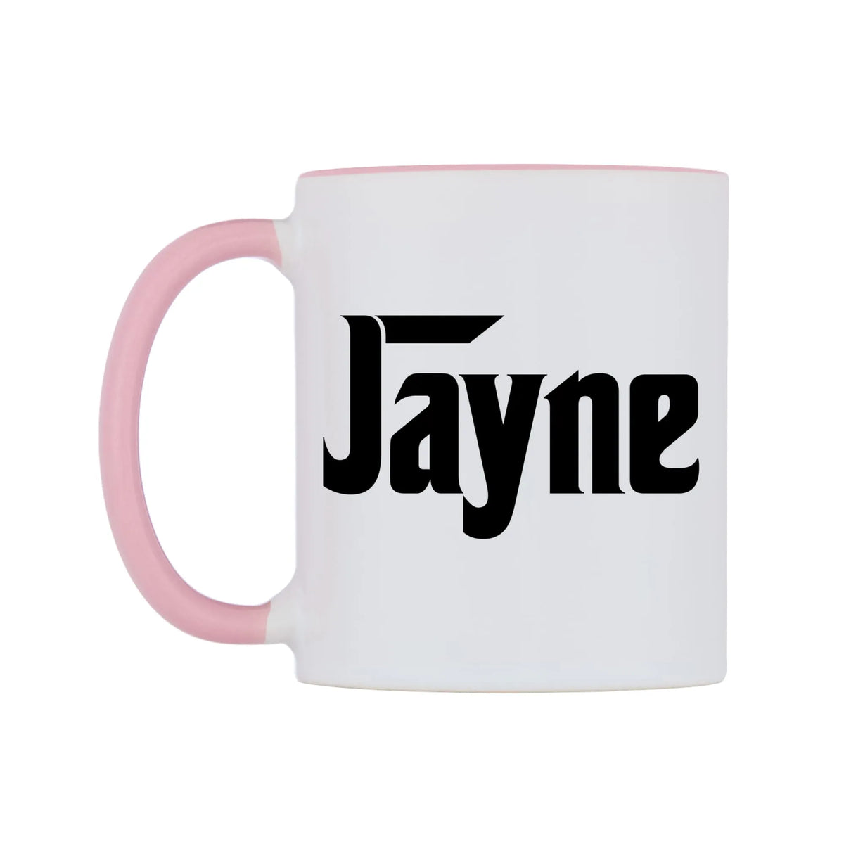 Jayne - Godfather Themed Mug — white 11oz gloss mug with a pink inside and handle, right side, on a white background