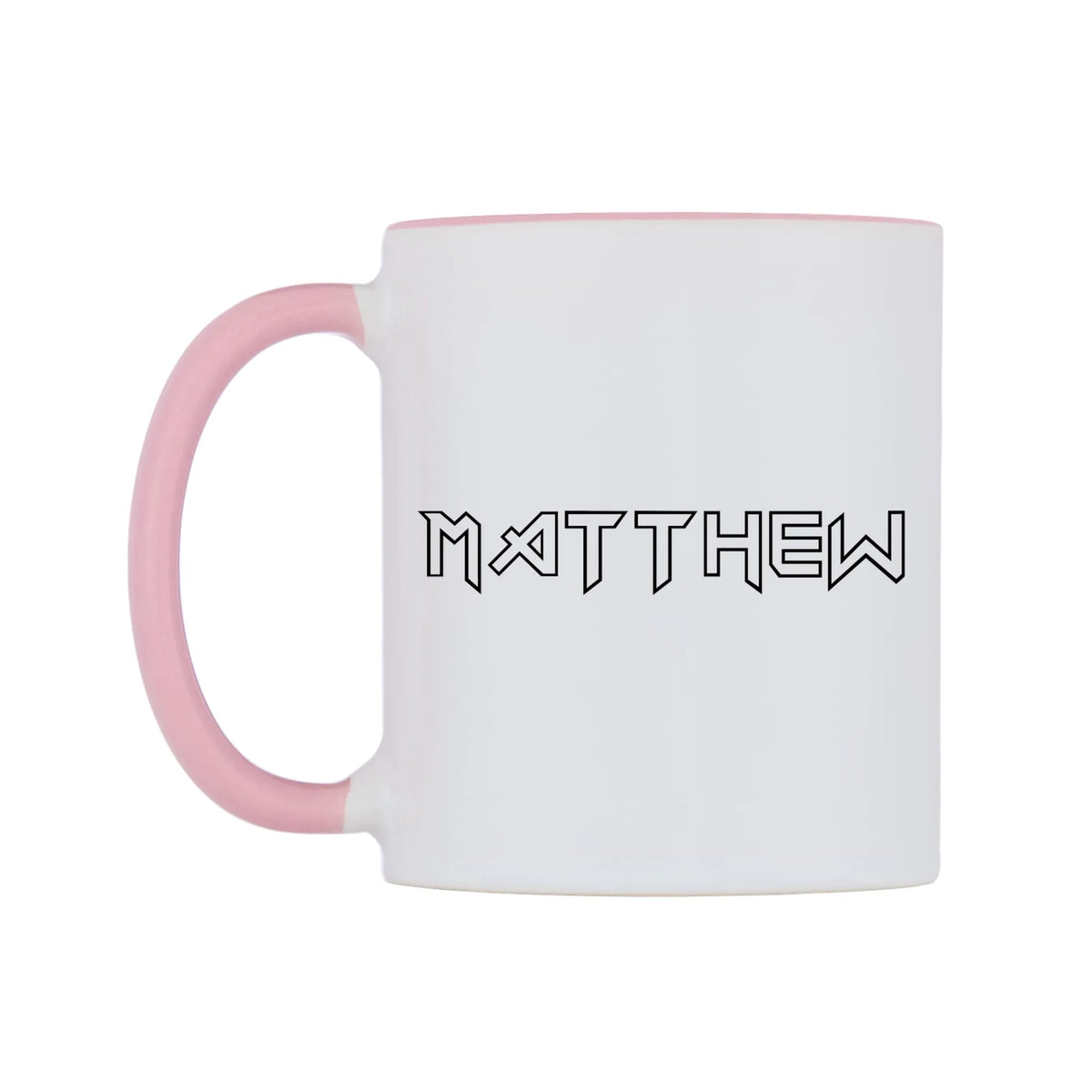 Matthew - Iron Maiden Themed Mug — white 11oz gloss mug with a pink inside and handle, right side, on a white background