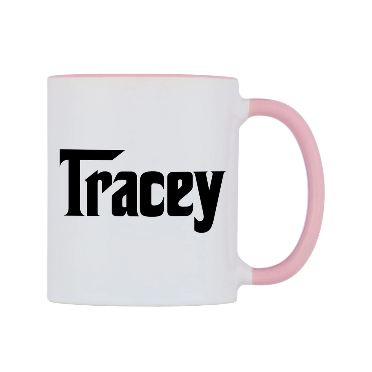 Tracey - Godfather Themed Mug — white 11oz gloss mug with a pink inside and handle, left side, on a white background
