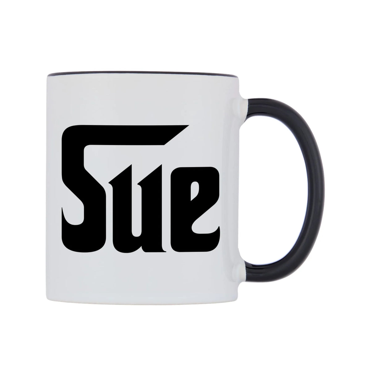 Sue - Godfather Themed Mug — white 11oz gloss mug with a black inside and handle, left side, on a white background