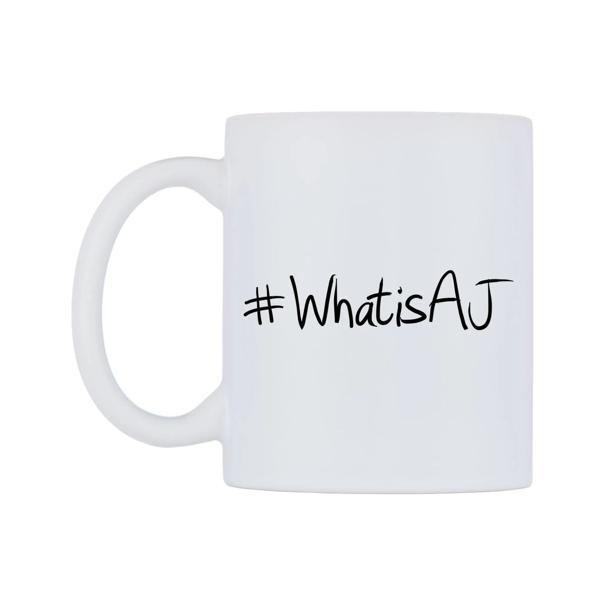WhatisAJ Mug — mug, right side, on a white background