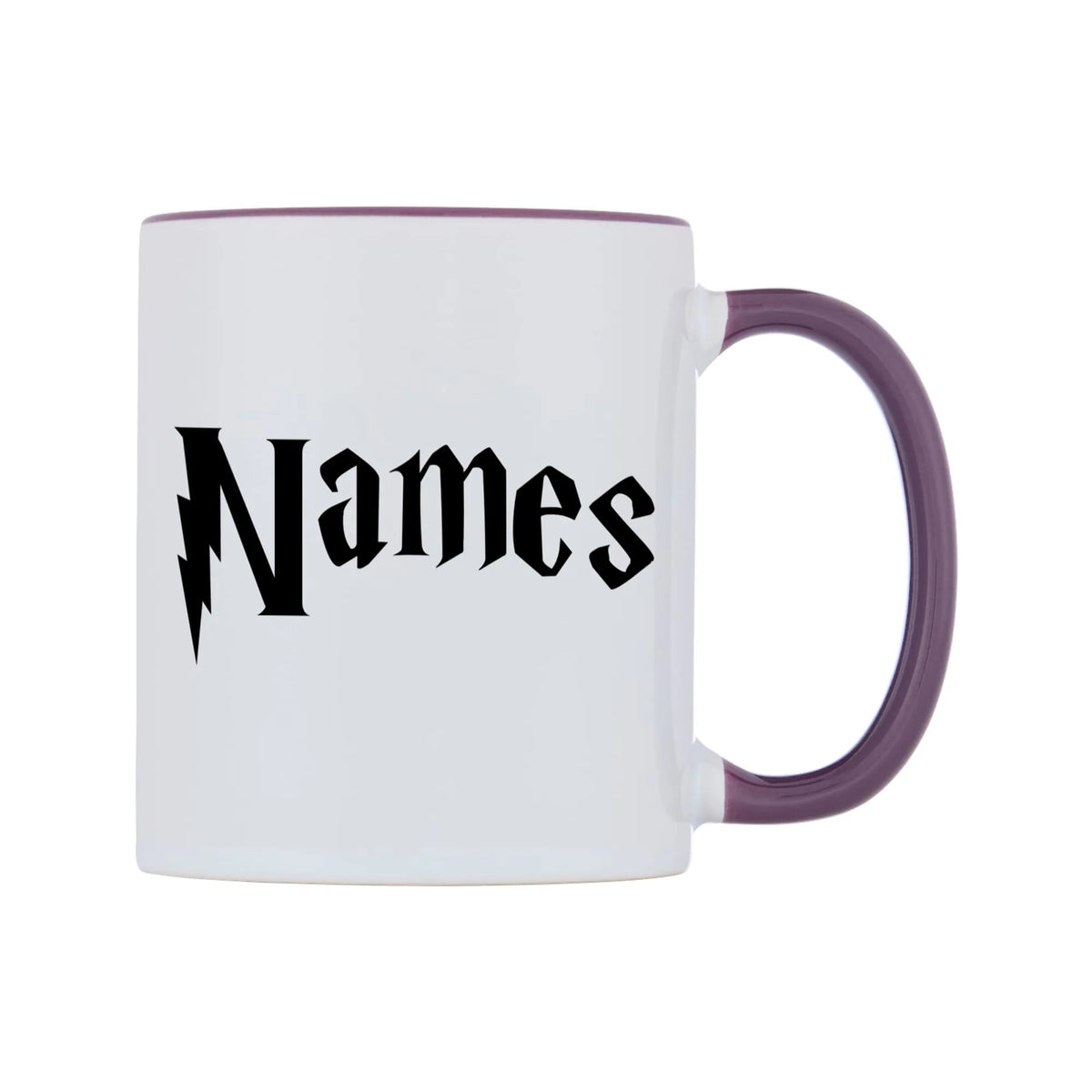 Personlised Wizard Themed Font Name Mug — white 11oz gloss mug with a purple inside and handle, left side, on a white background