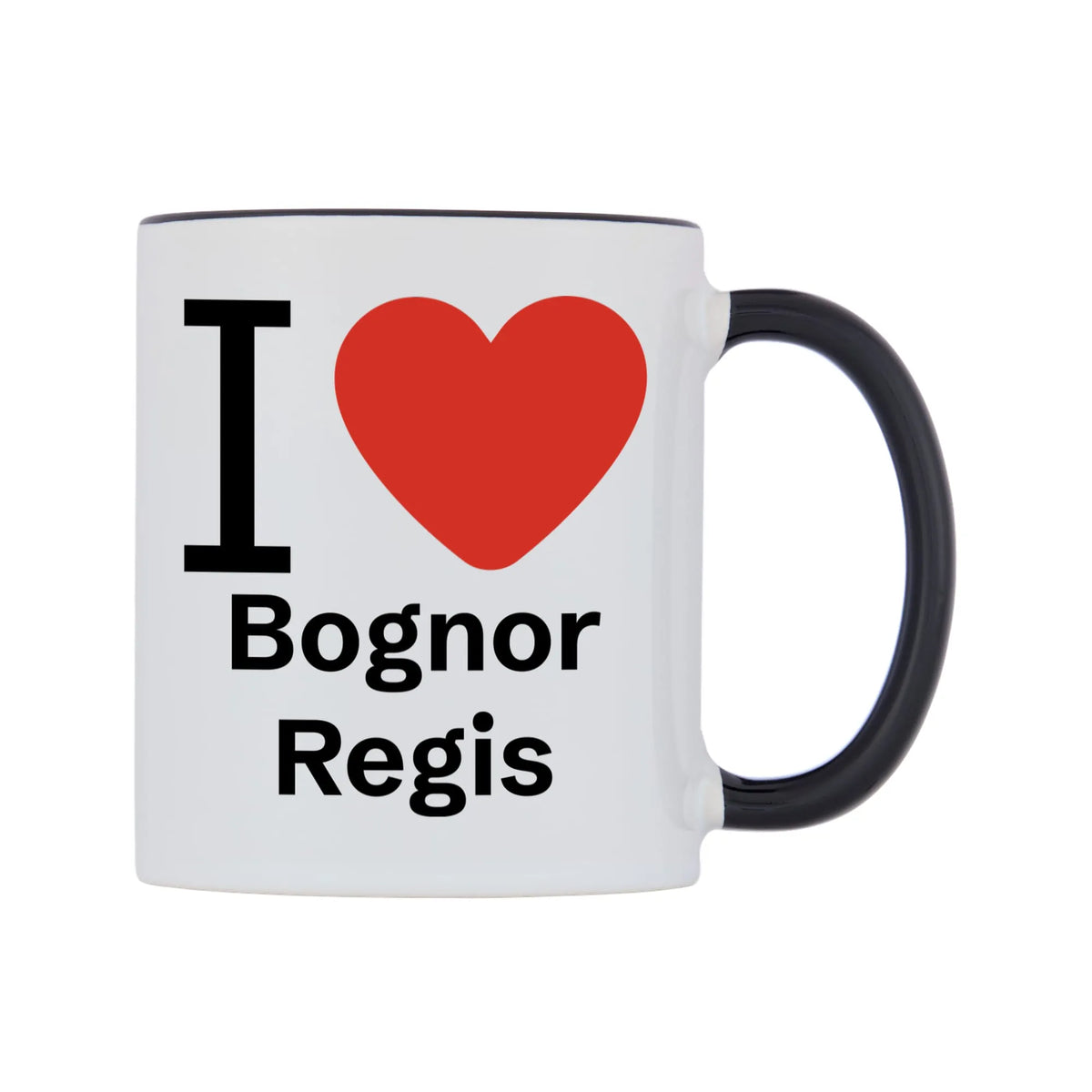 I Love Bognor Regis Mug — white 11oz gloss mug with a black inside and handle, left side, on a white background