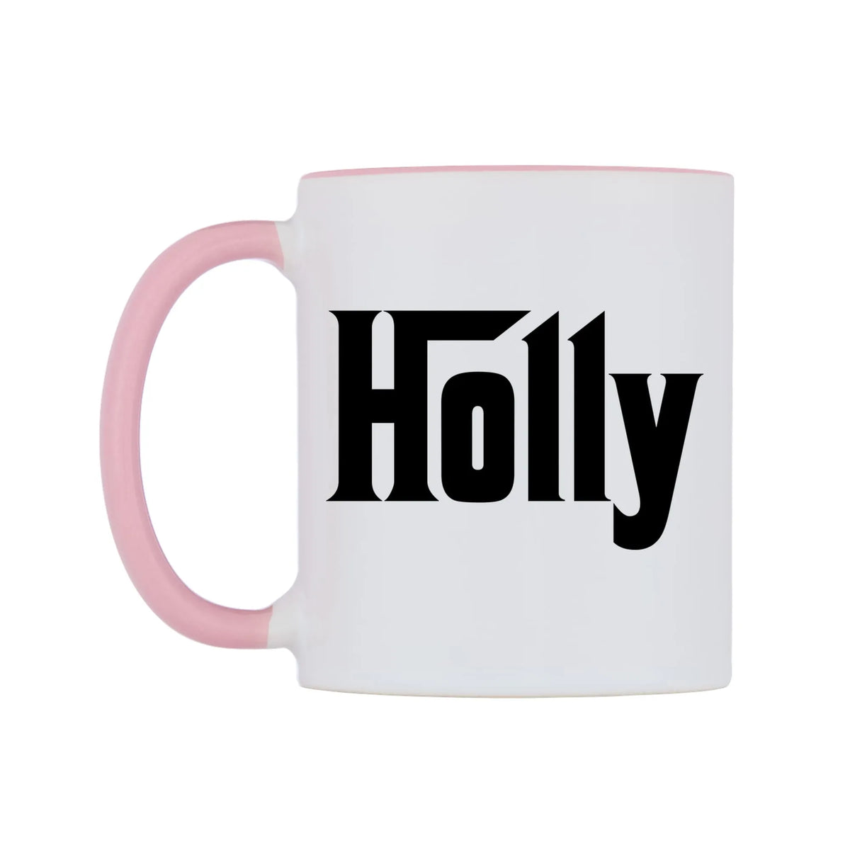 Holly - Godfather Themed Mug — white 11oz gloss mug with a pink inside and handle, right side, on a white background