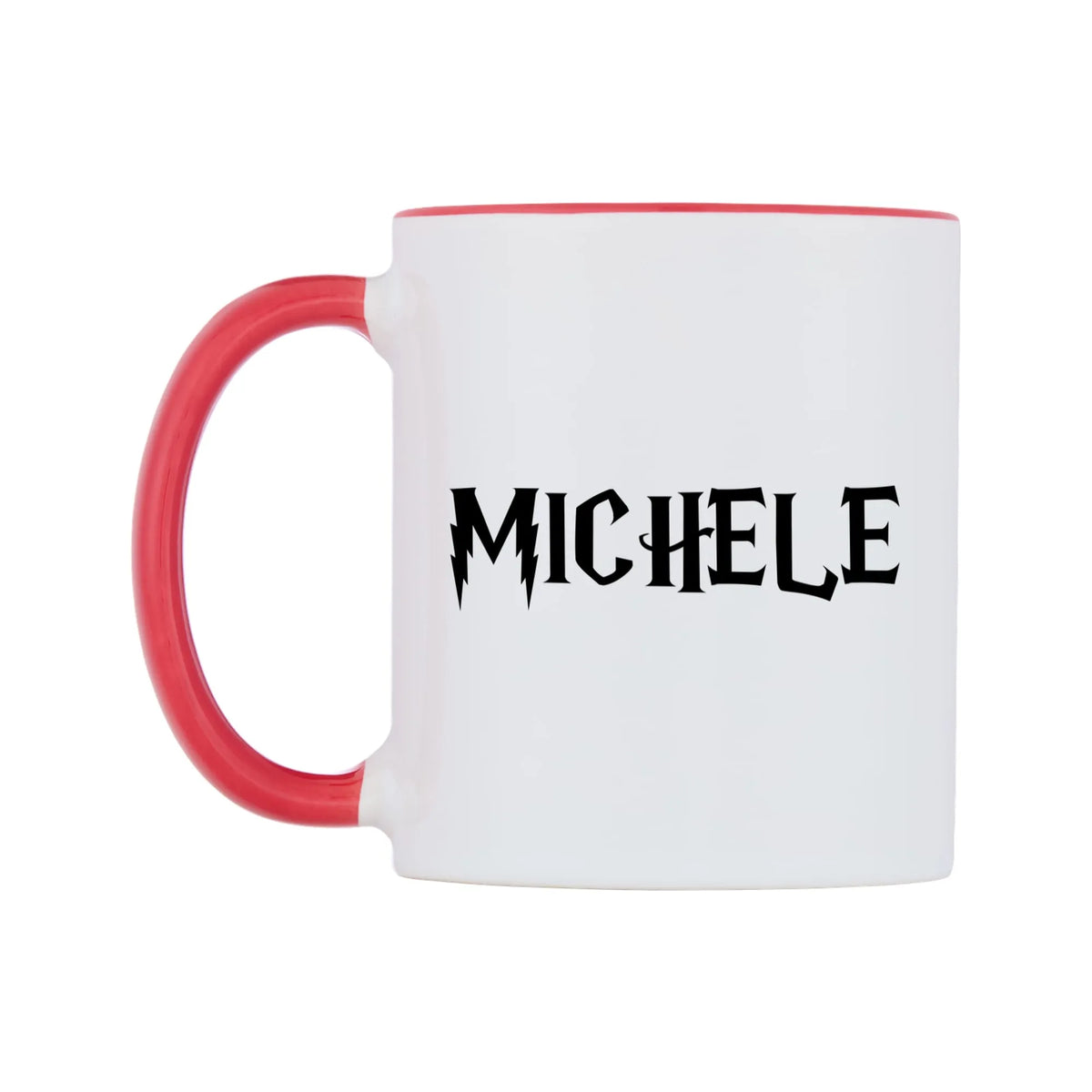 Michele - Wizard Themed Mug — white 11oz gloss mug with a red inside and handle, right side, on a white background
