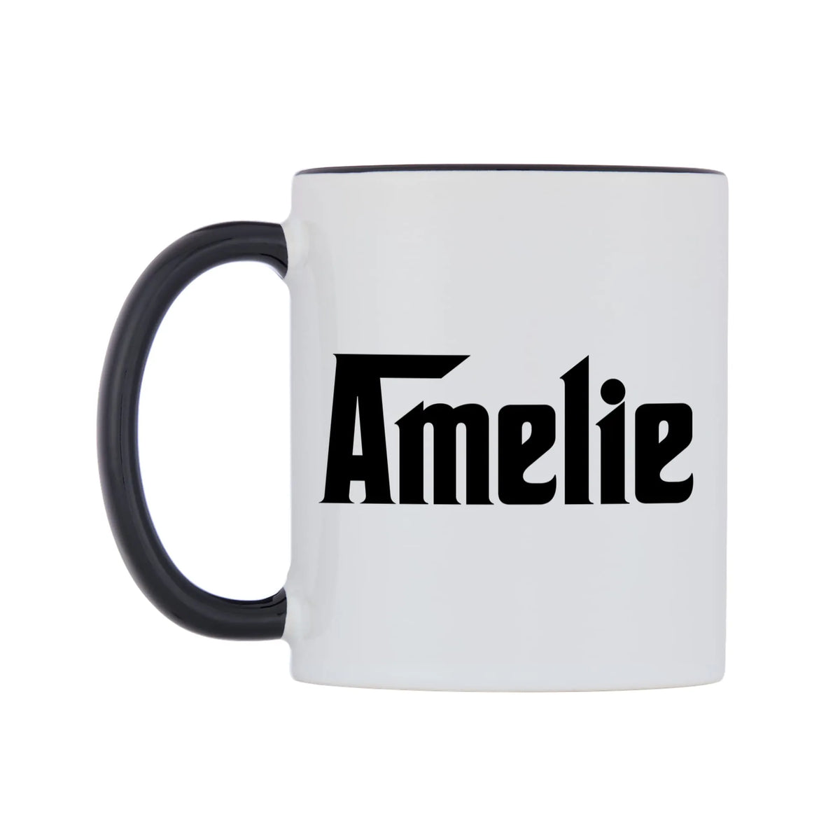 Amelie - Godfather Themed Mug — white 11oz gloss mug with a black inside and handle, right side, on a white background