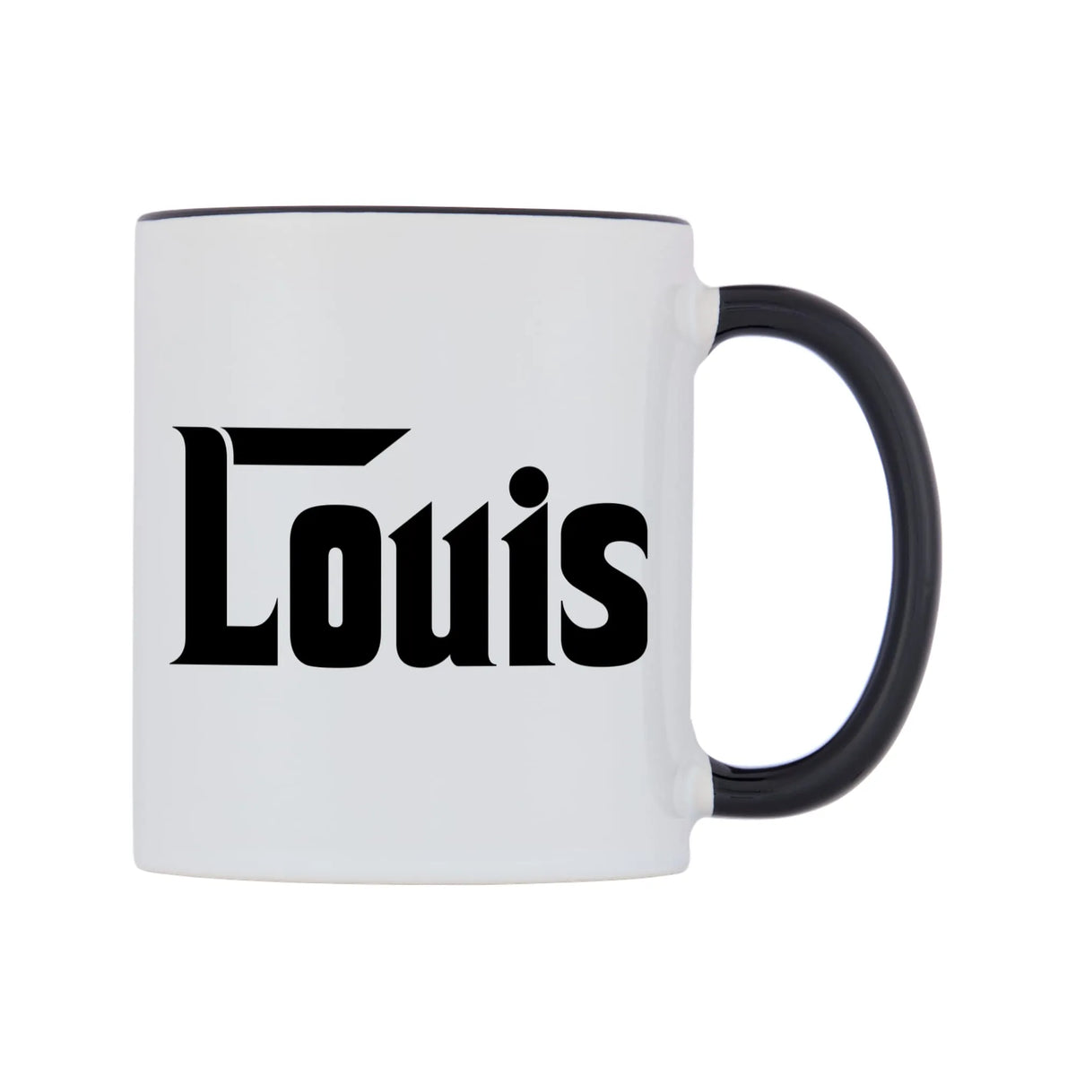 Louis - Godfather Themed Mug — white 11oz gloss mug with a black inside and handle, left side, on a white background