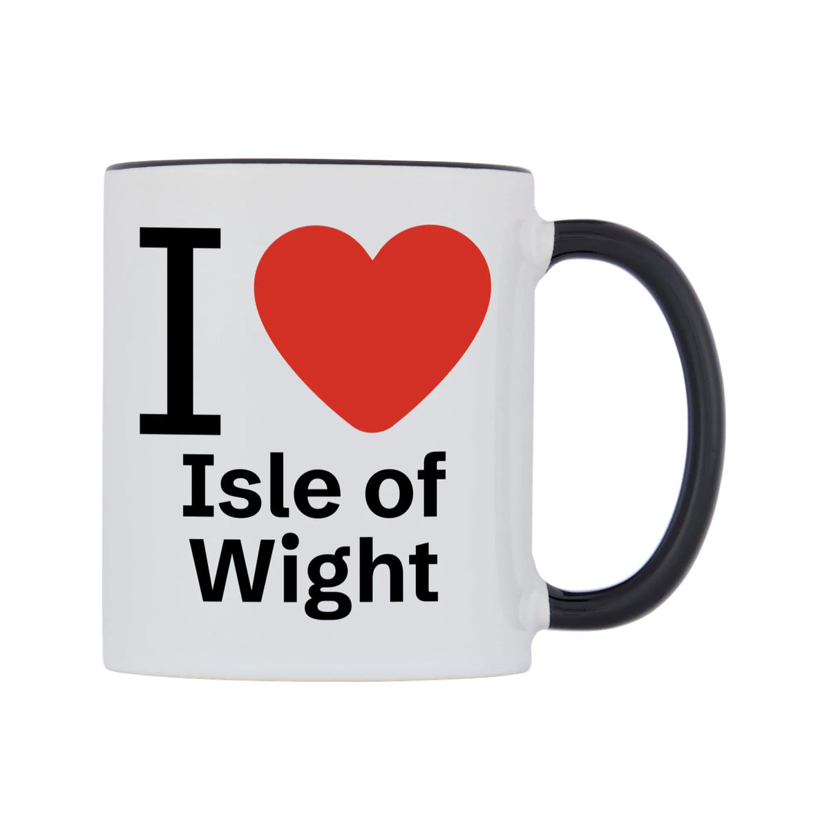 I Love Isle of Wight Mug — white 11oz gloss mug with a black inside and handle, left side, on a white background