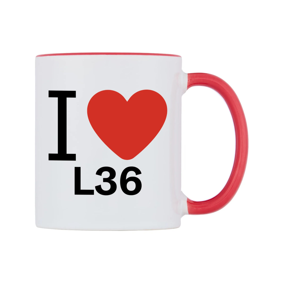 I Love L36 Mug — white 11oz gloss mug with a red inside and handle, left side, on a white background