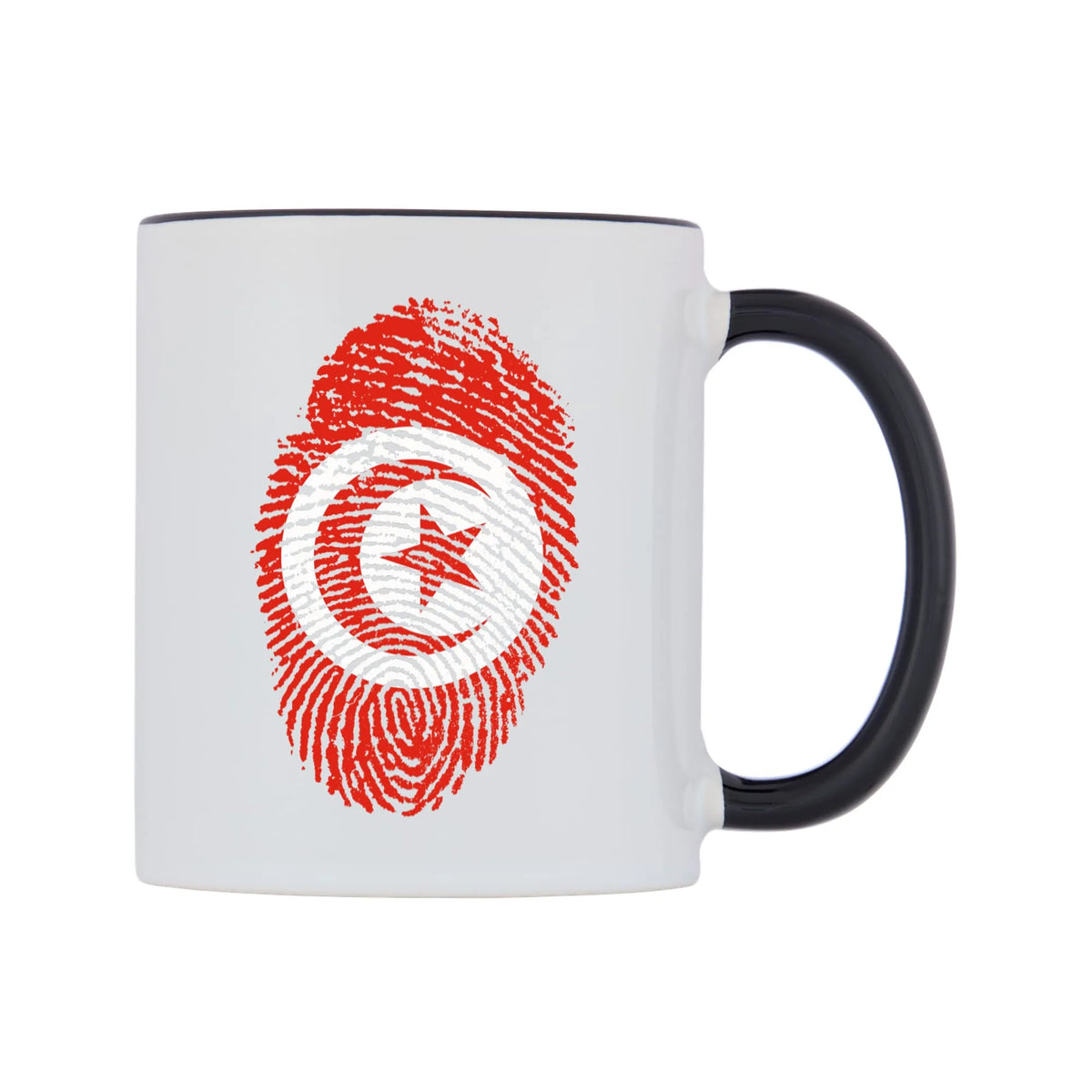 Tunisia Finger Print Flag Mug — white 11oz gloss mug with a black inside and handle, left side, on a white background