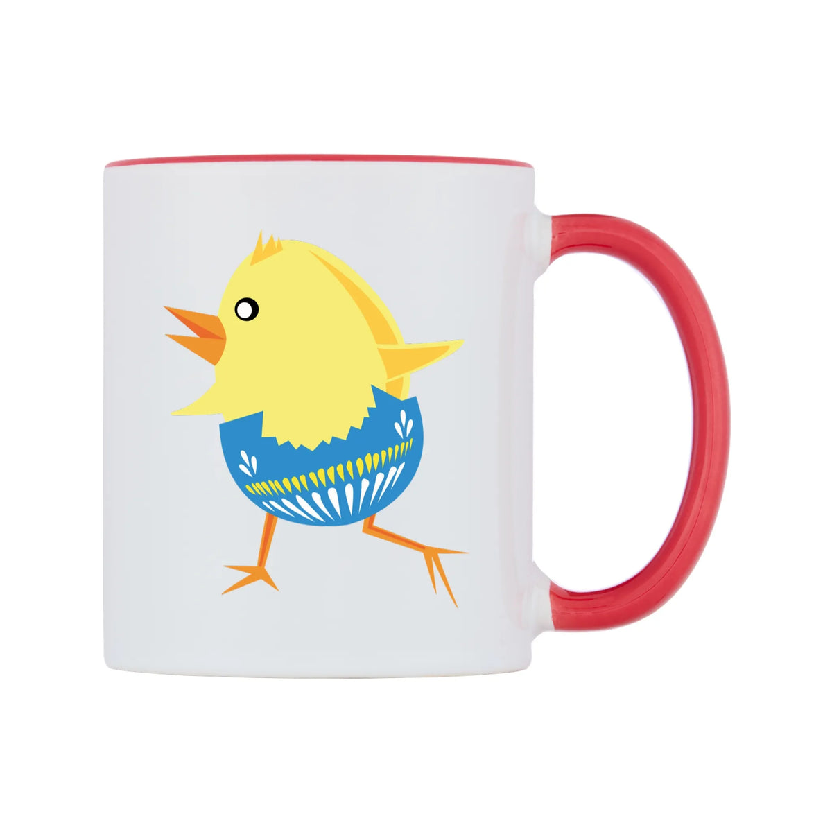 Smooth Walkin Easter Chick Mug — white 11oz gloss mug with a red inside and handle, left side, on a white background