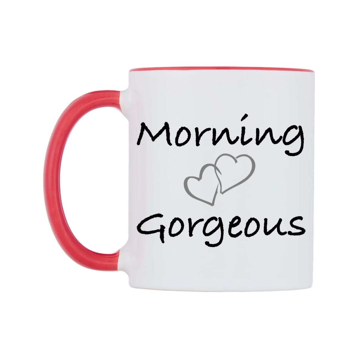 Morning Gorgeous Mug — white 11oz gloss mug with a red inside and handle, right side, on a white background