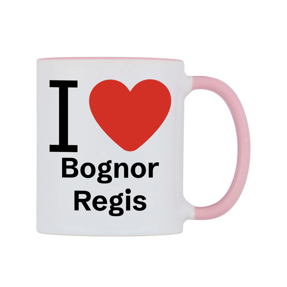 I Love Bognor Regis Mug — white 11oz gloss mug with a pink inside and handle, left side, on a white background