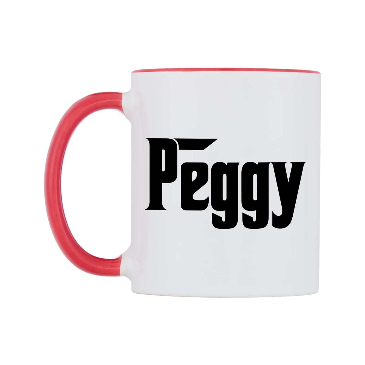 Peggy - Godfather Themed Mug — white 11oz gloss mug with a red inside and handle, right side, on a white background