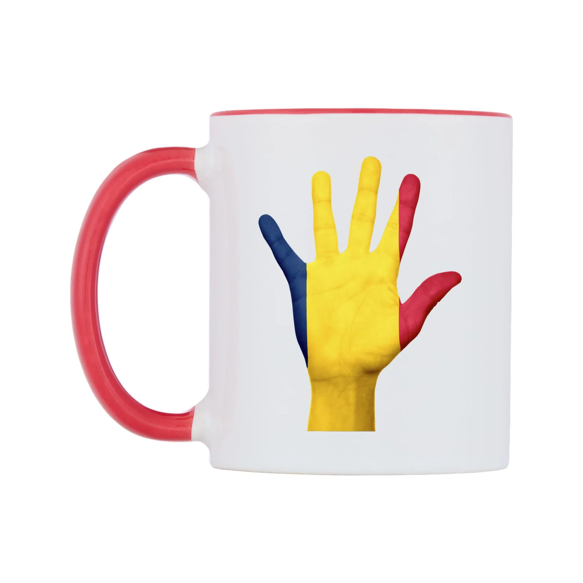 Chad Hand Flag Mug — white 11oz gloss mug with a red inside and handle, right side, on a white background