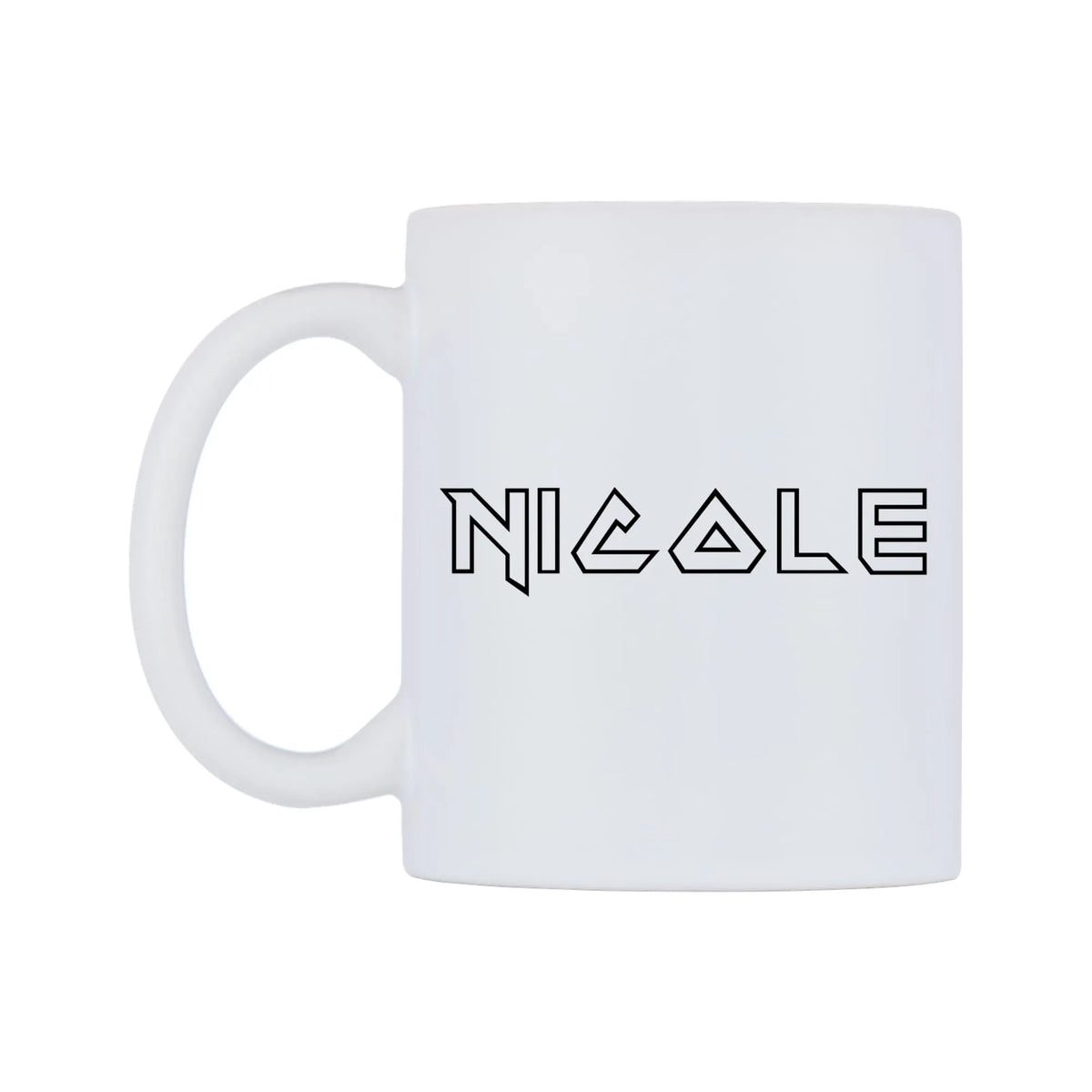 Nicole - Iron Maiden Themed Mug — white 11oz gloss mug, right side, on a white background
