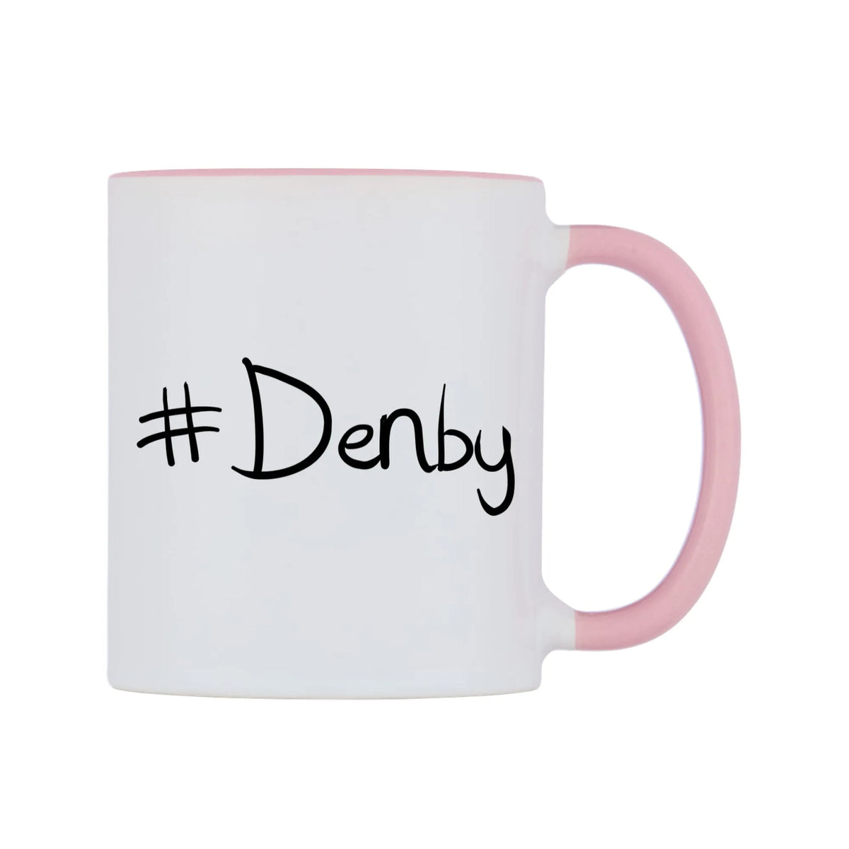 Denby Mug — white 11oz gloss mug with a pink inside and handle, left side, on a white background