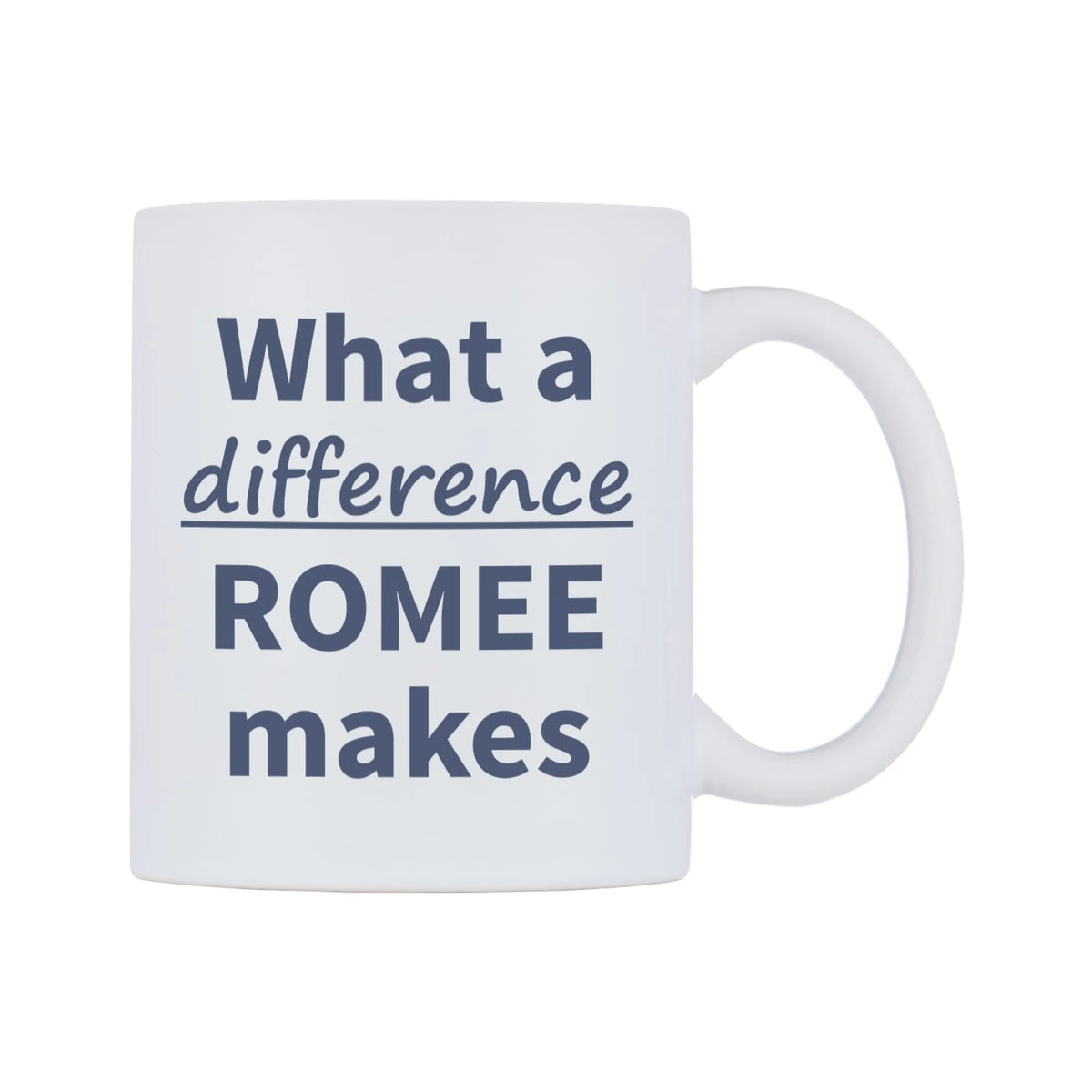 What a difference ROMEE makes Mug — mug, left side, on a white background