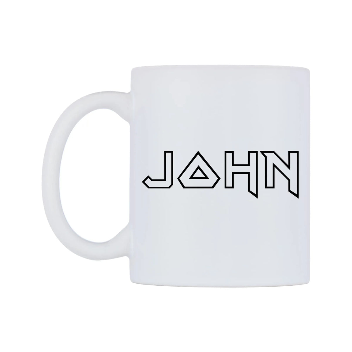 John - Iron Maiden Themed Mug — white 11oz gloss mug, right side, on a white background