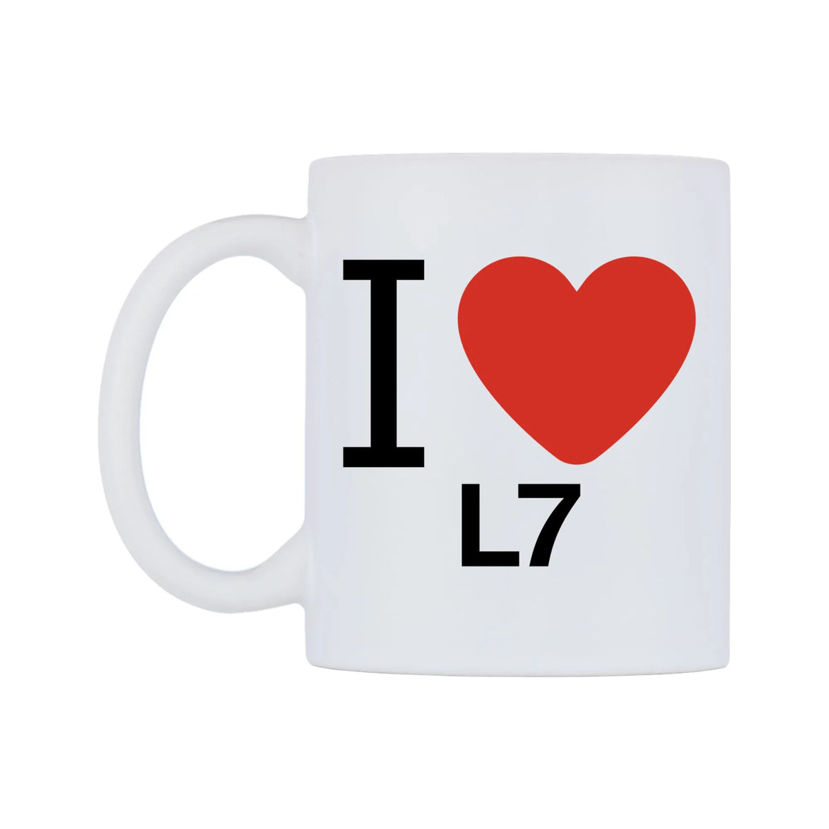I Love L7 Mug — white 11oz gloss mug, right side, on a white background