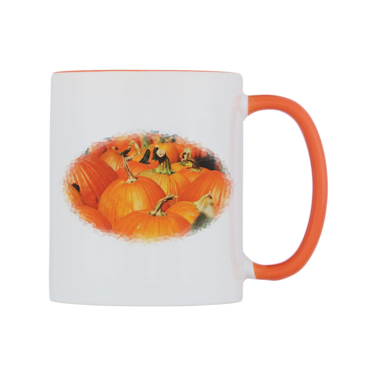 Pumpkins Field Mug — white 11oz gloss mug with a orange inside and handle, left side, on a white background