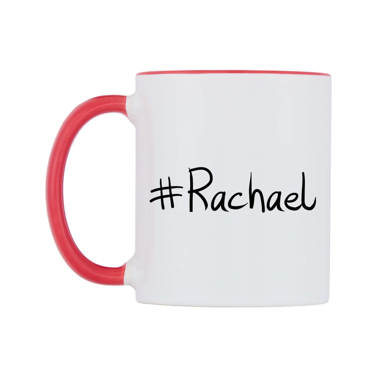 Rachael Mug — white 11oz gloss mug with a red inside and handle, right side, on a white background