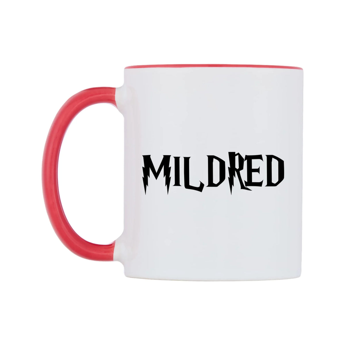 Mildred - Wizard Themed Mug — white 11oz gloss mug with a red inside and handle, right side, on a white background