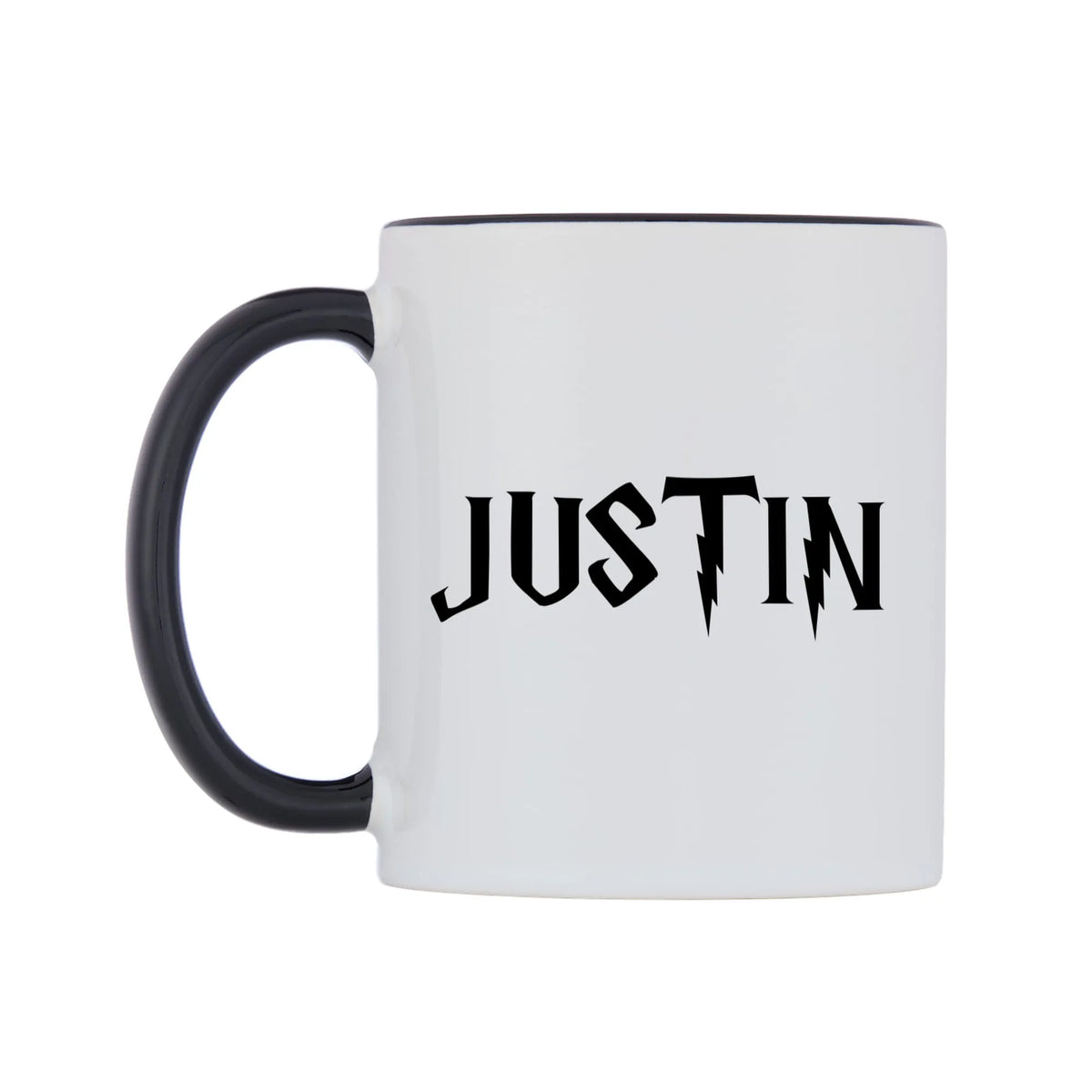 Justin - Wizard Themed Mug — white 11oz gloss mug with a black inside and handle, right side, on a white background