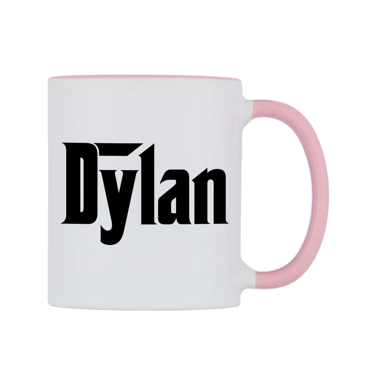 Dylan - Godfather Themed Mug — white 11oz gloss mug with a pink inside and handle, left side, on a white background