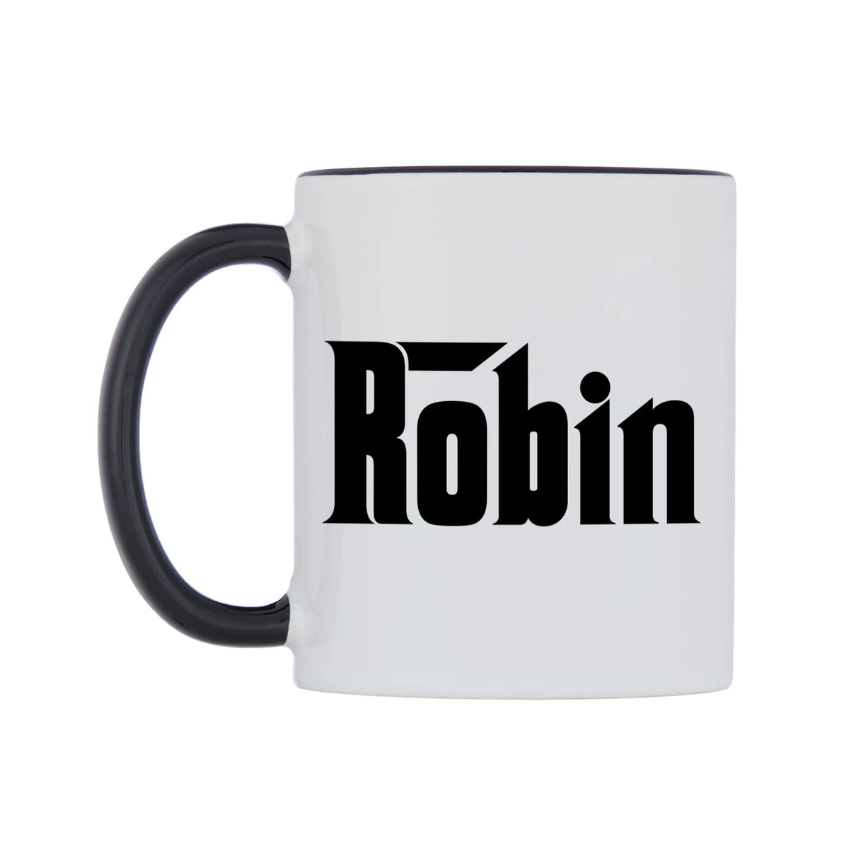 Robin - Godfather Themed Mug — white 11oz gloss mug with a black inside and handle, right side, on a white background