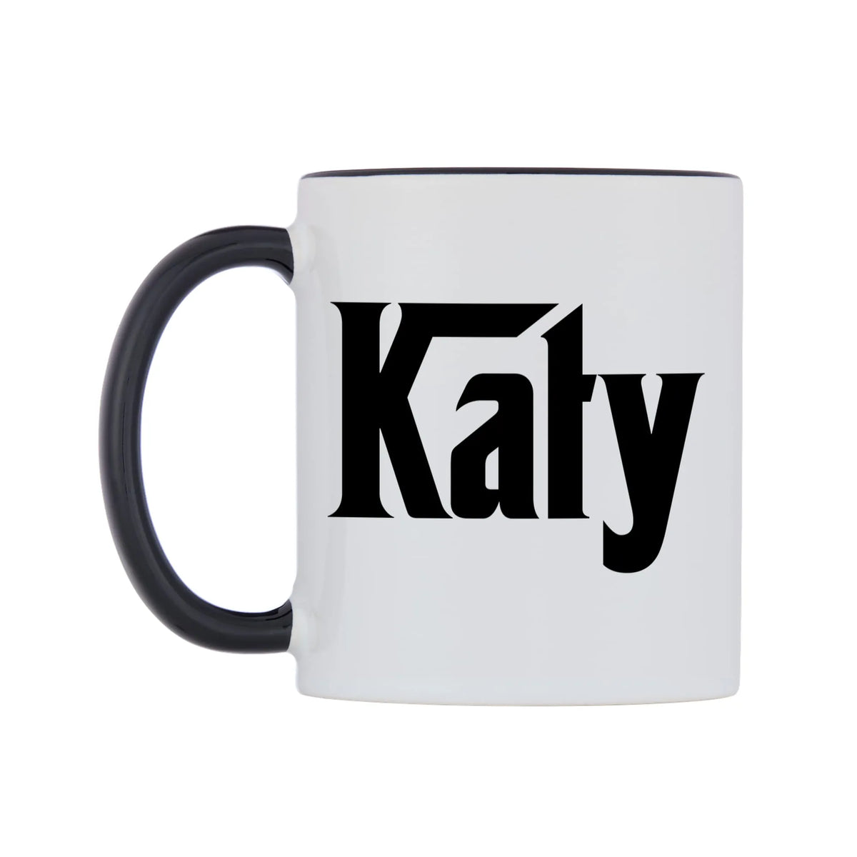 Katy - Godfather Themed Mug — white 11oz gloss mug with a black inside and handle, right side, on a white background