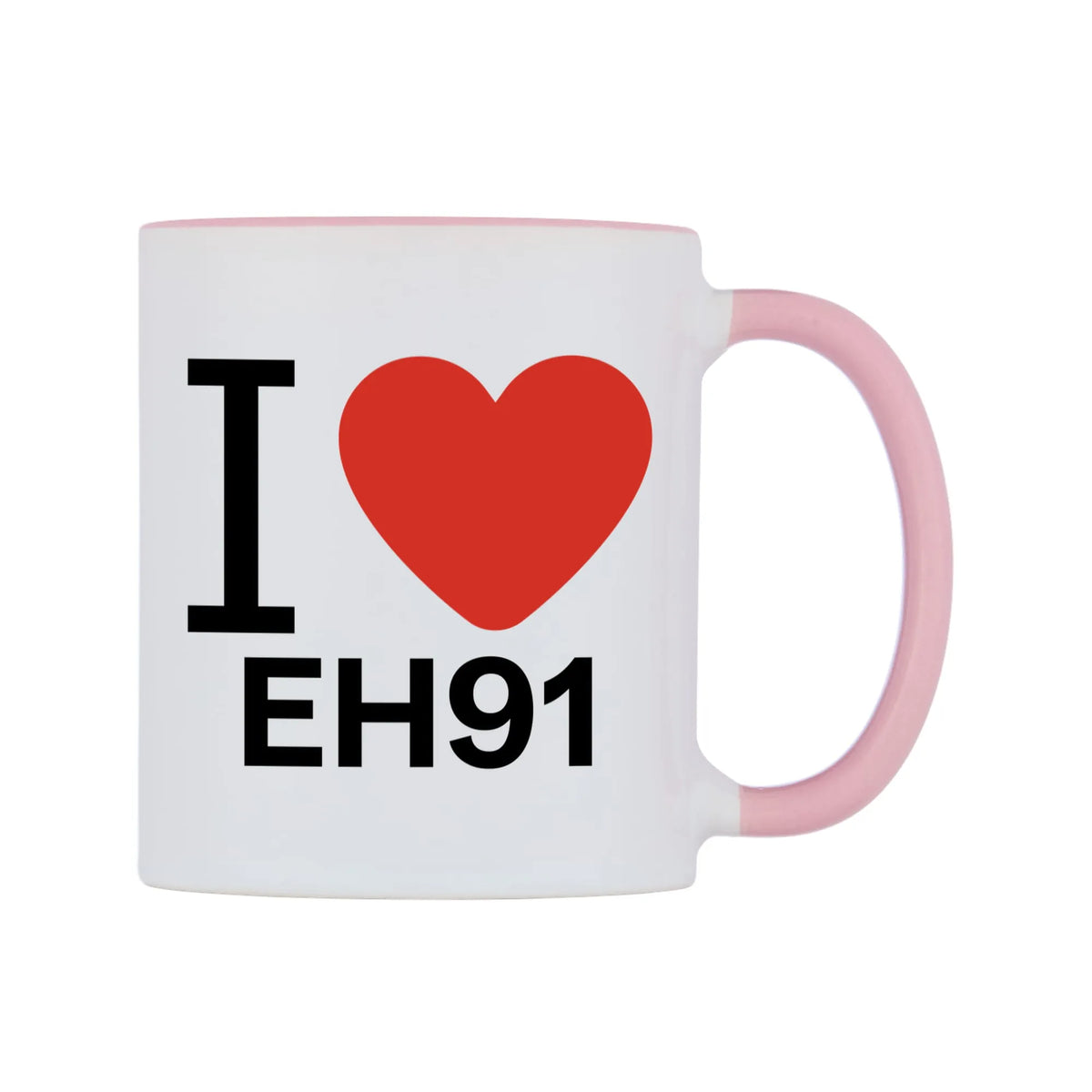 I Love EH91 Mug — white 11oz gloss mug with a pink inside and handle, left side, on a white background
