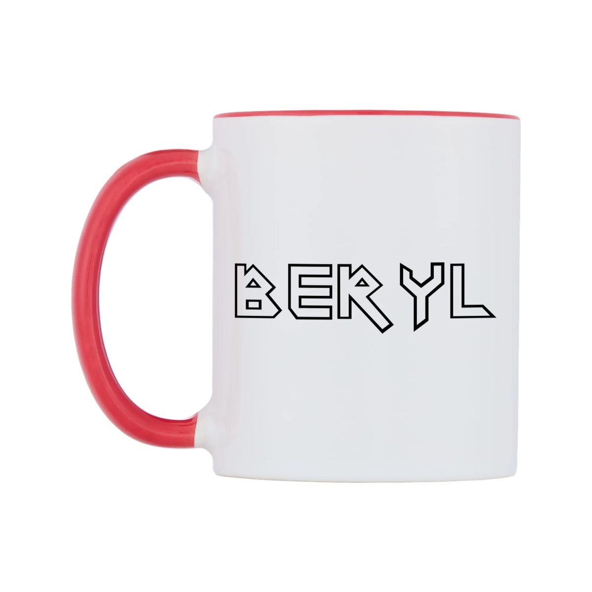 Beryl - Iron Maiden Themed Mug — white 11oz gloss mug with a red inside and handle, right side, on a white background