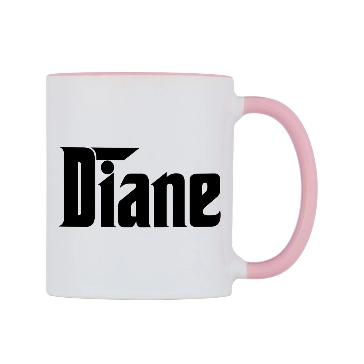 Diane - Godfather Themed Mug — white 11oz gloss mug with a pink inside and handle, left side, on a white background