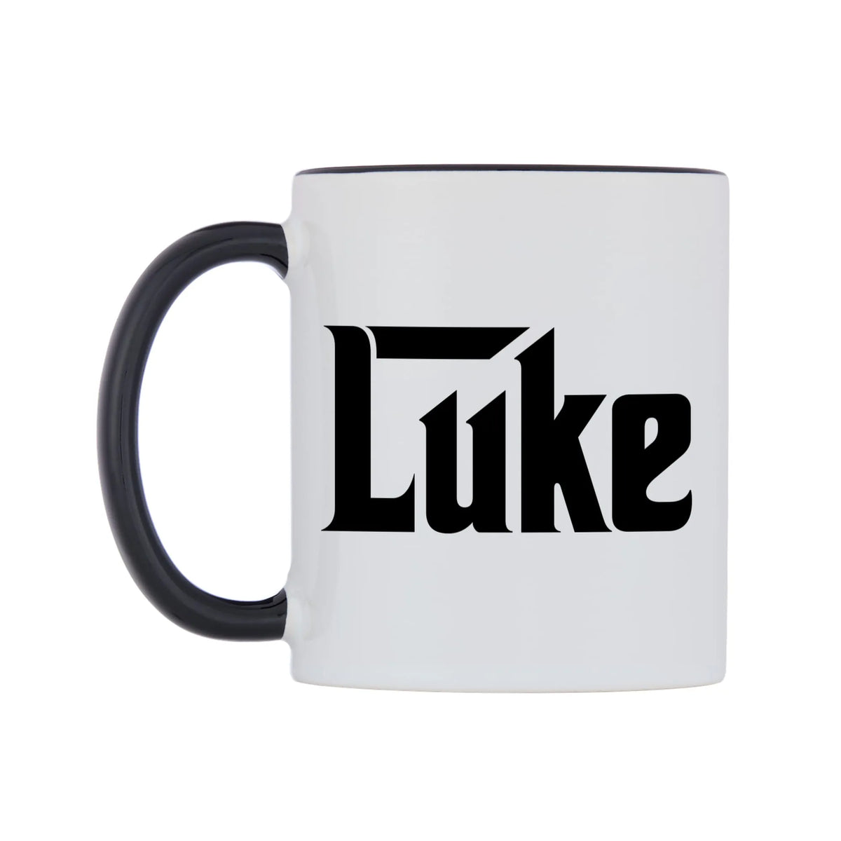 Luke - Godfather Themed Mug — white 11oz gloss mug with a black inside and handle, right side, on a white background