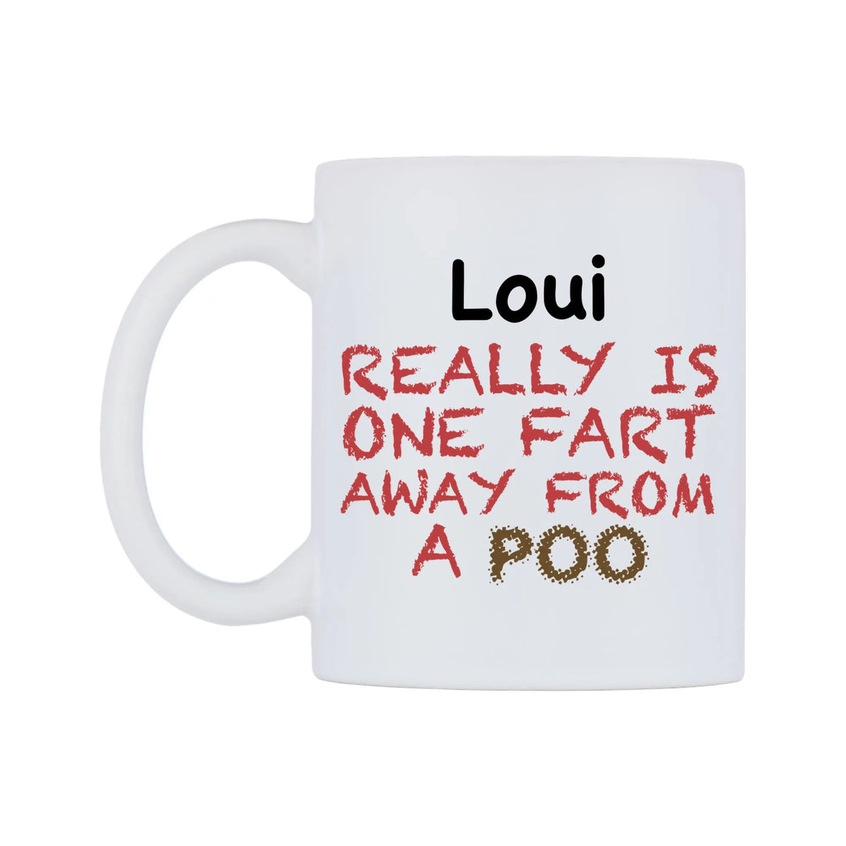 Loui Really is ONE Fart Away from A Poo Mug — mug, right side, on a white background