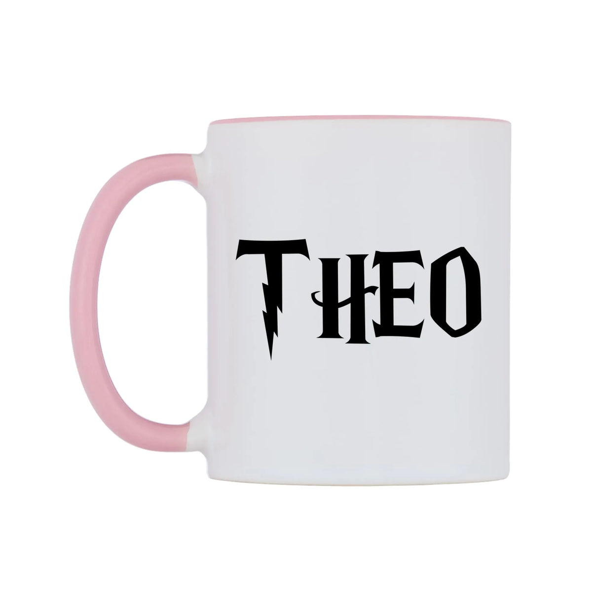 Theo - Wizard Themed Mug — white 11oz gloss mug with a pink inside and handle, right side, on a white background