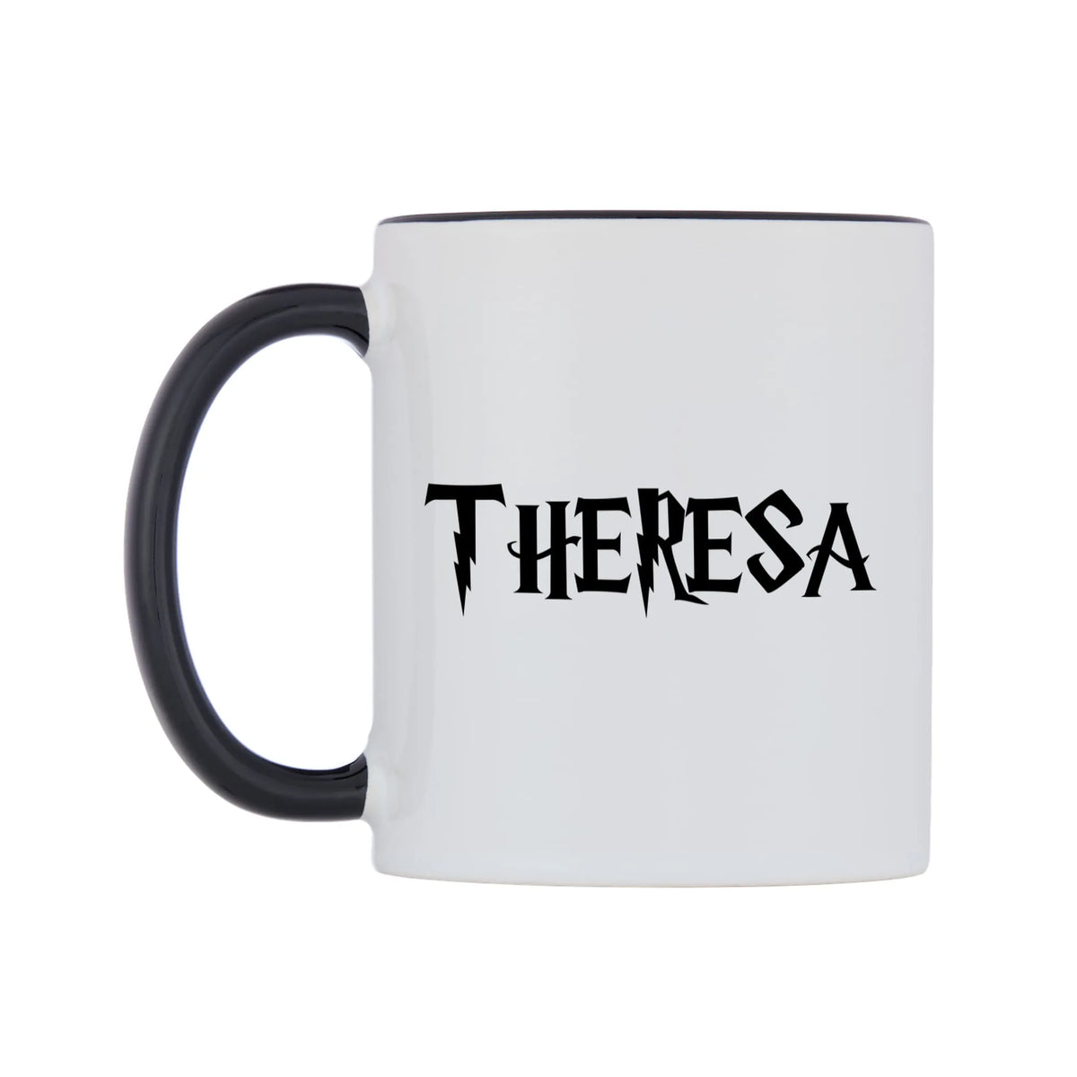 Theresa - Wizard Themed Mug — white 11oz gloss mug with a black inside and handle, right side, on a white background