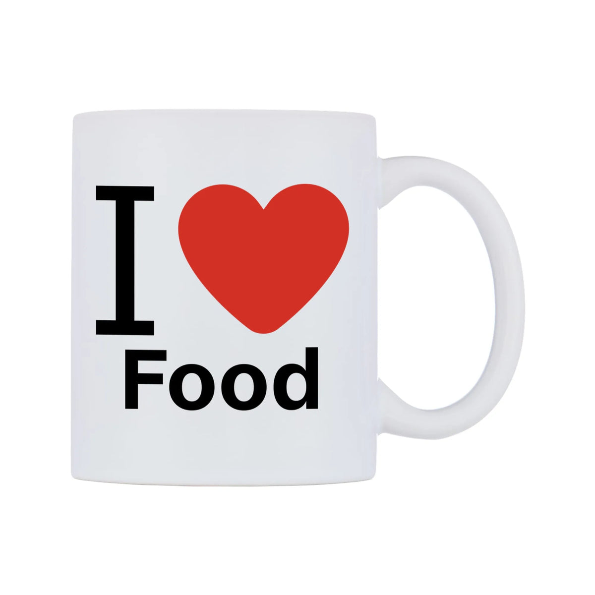 I Love Food Mug — white 11oz gloss mug, left side, on a white background