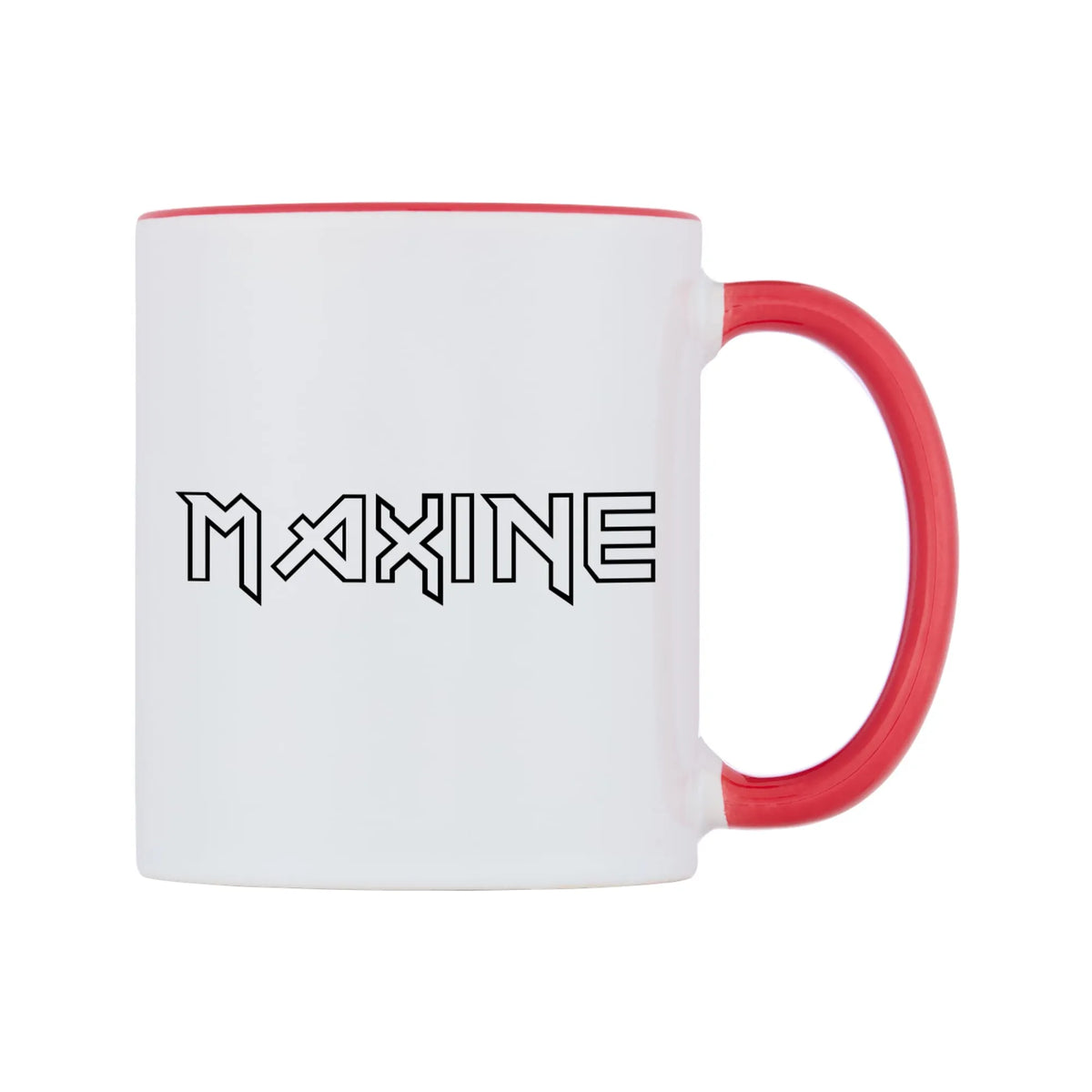 Maxine - Iron Maiden Themed Mug — white 11oz gloss mug with a red inside and handle, left side, on a white background