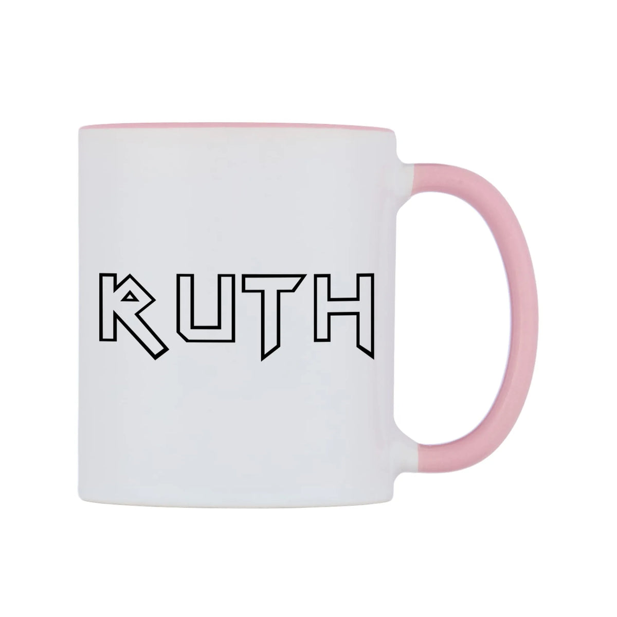 Ruth - Iron Maiden Themed Mug — white 11oz gloss mug with a pink inside and handle, left side, on a white background