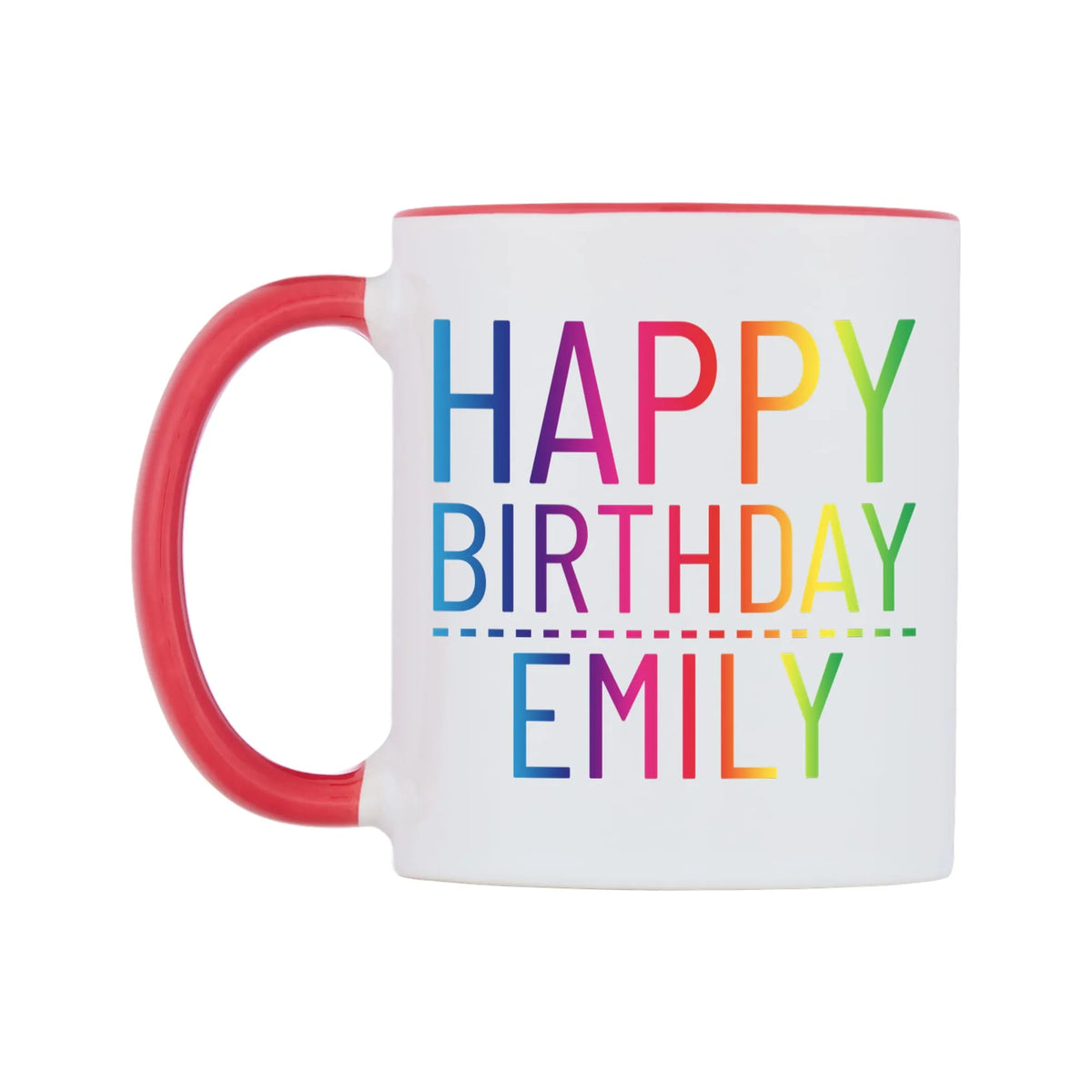Personalised Happy Birthday (Rainbow) Mug — white 11oz gloss mug with a red inside and handle, right side, on a white background