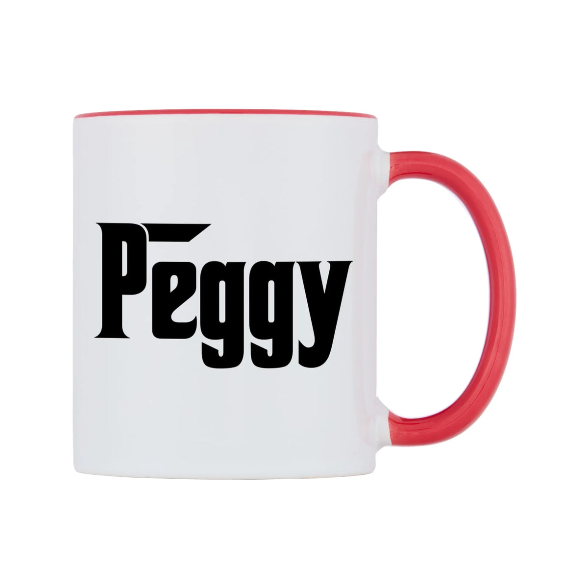 Peggy - Godfather Themed Mug — white 11oz gloss mug with a red inside and handle, left side, on a white background