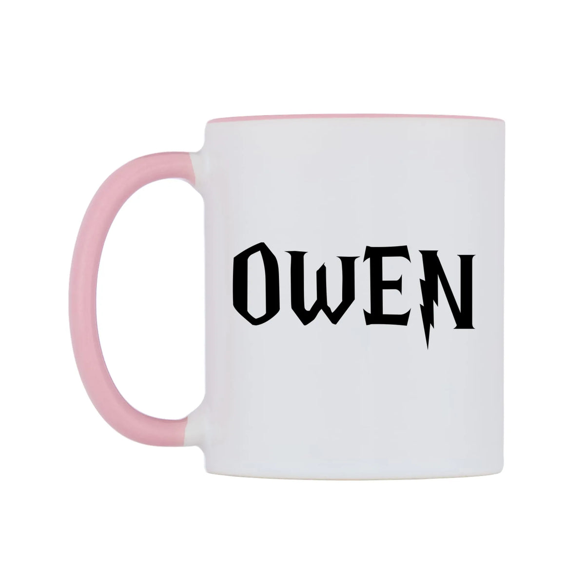 Owen - Wizard Themed Mug — white 11oz gloss mug with a pink inside and handle, right side, on a white background