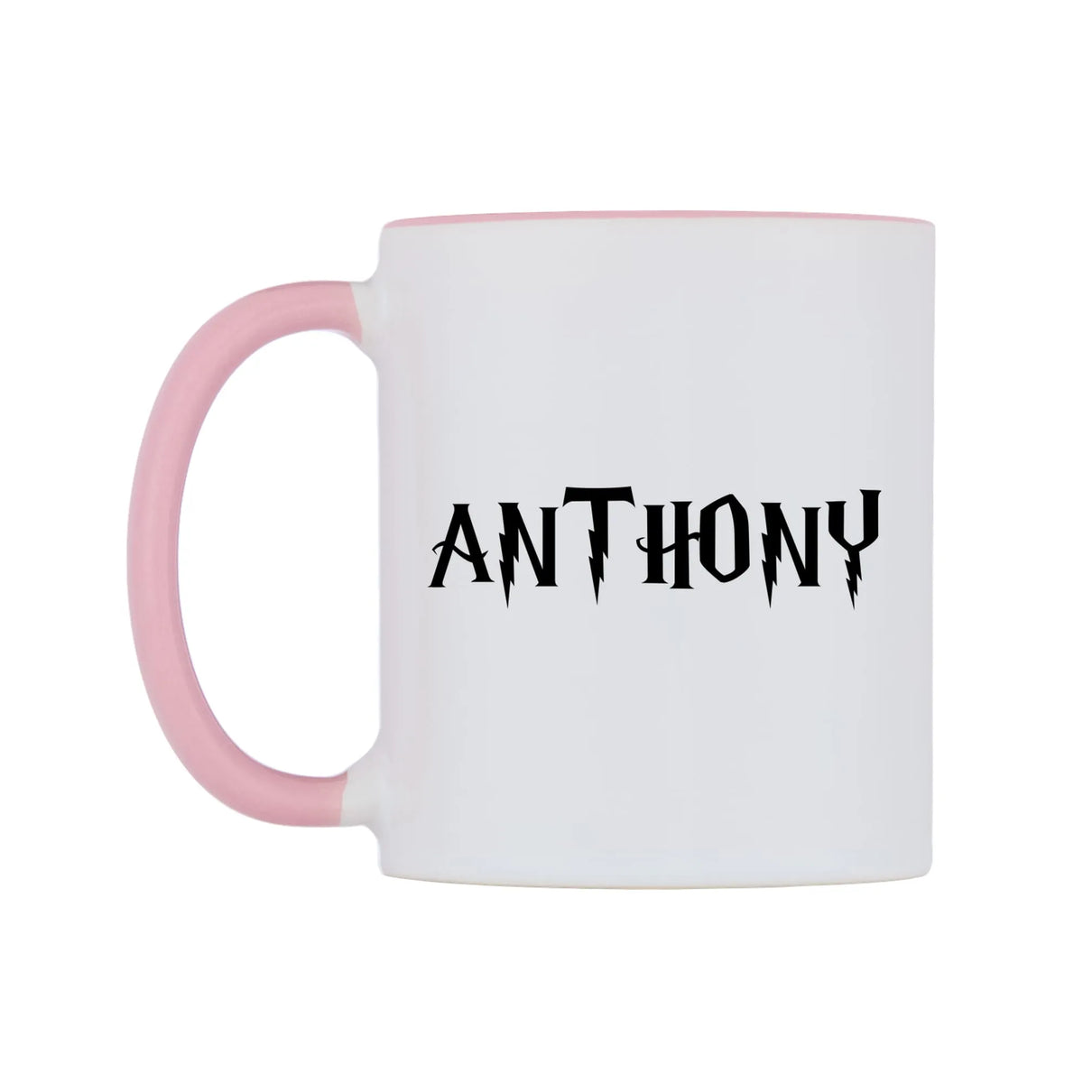 Anthony - Wizard Themed Mug — white 11oz gloss mug with a pink inside and handle, right side, on a white background