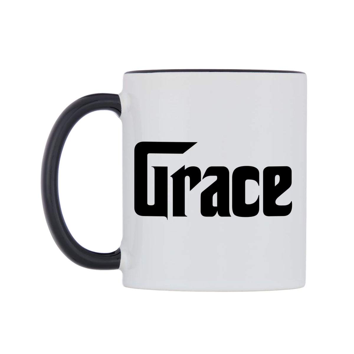 Grace - Godfather Themed Mug — white 11oz gloss mug with a black inside and handle, right side, on a white background