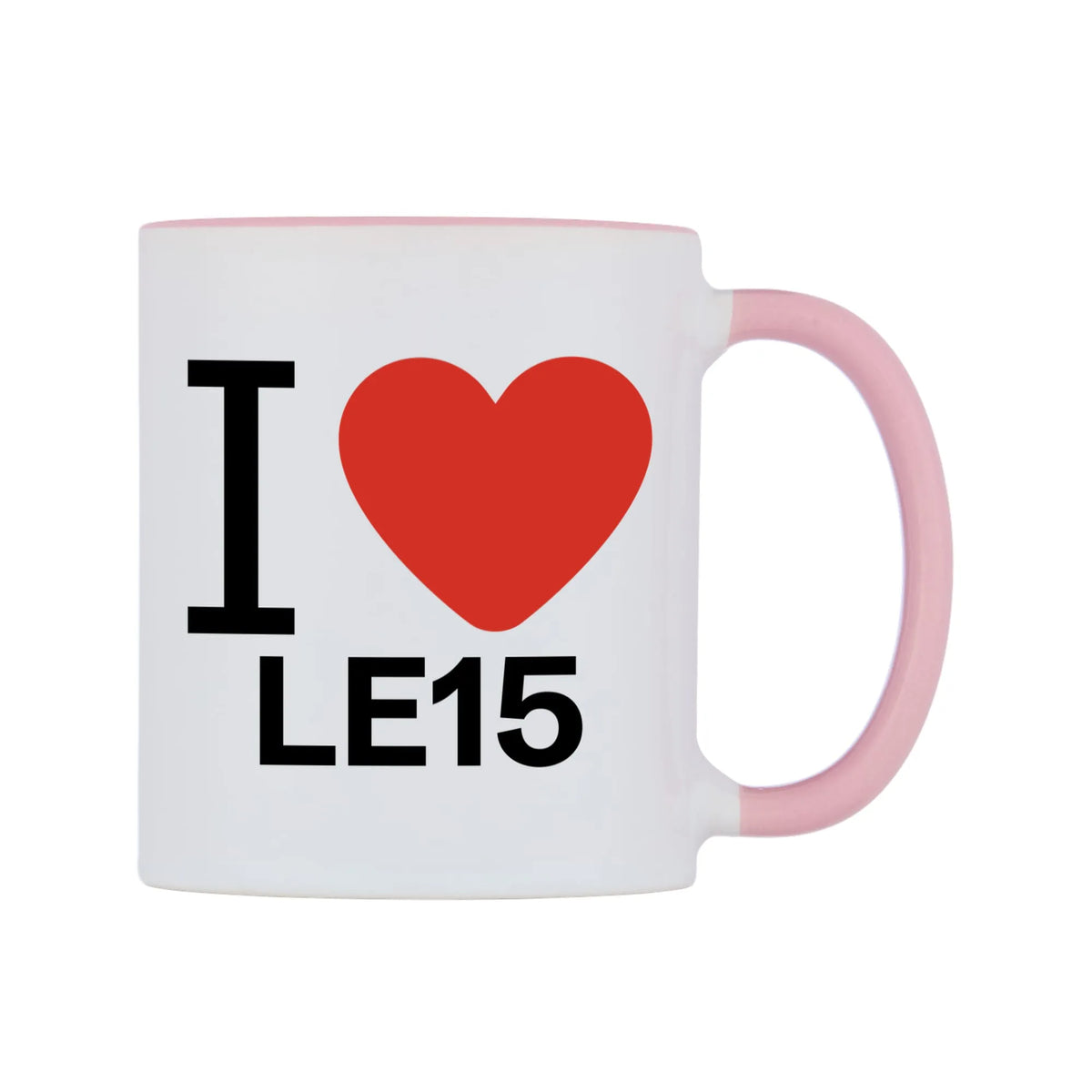 I Love LE15 Mug — white 11oz gloss mug with a pink inside and handle, left side, on a white background