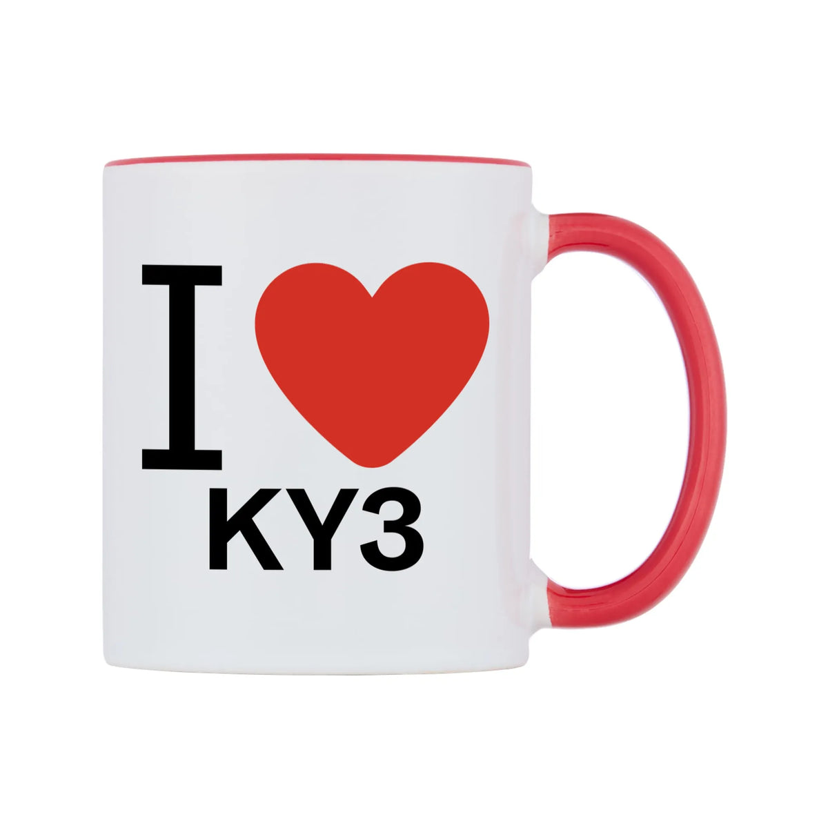 I Love KY3 Mug — white 11oz gloss mug with a red inside and handle, left side, on a white background