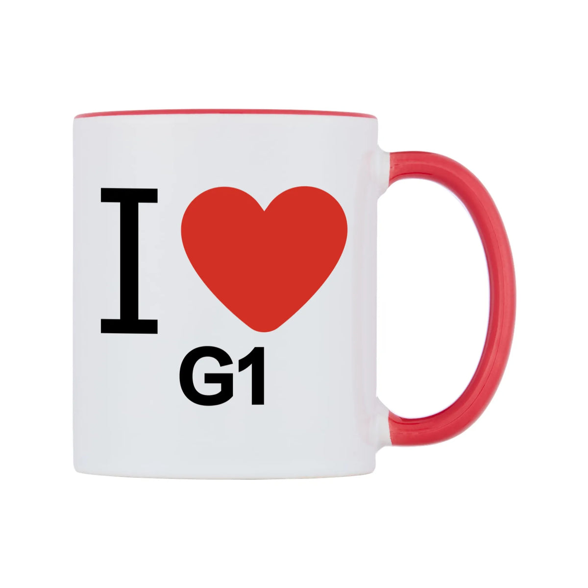 I Love G1 Mug — white 11oz gloss mug with a red inside and handle, left side, on a white background